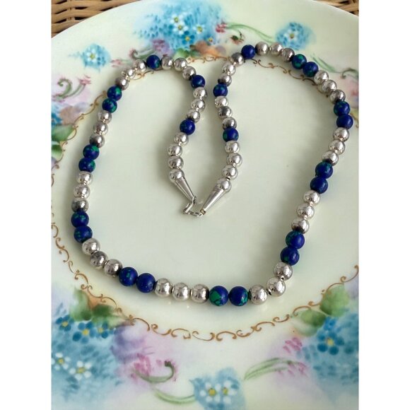 Vintage 70's Sterling Auzurite Beaded Southwest Style Necklace 24